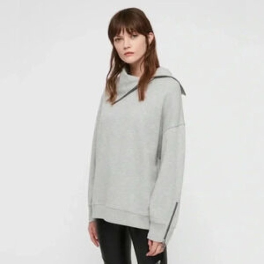 All Saints - Bella Oversized Gray Zip Neck And Sleeves Oversized Sweatshirt XS